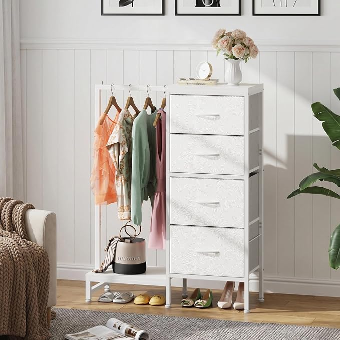 HIGDBFE Tall Dresser 44''H with Hanging Rack, 4 Drawers Small Closet Dresser for Bedroom, Reversible Fabric Chest of Drawers with Clothes Rack, Tall Storage Tower, Sturdy Frame, White - Image 3