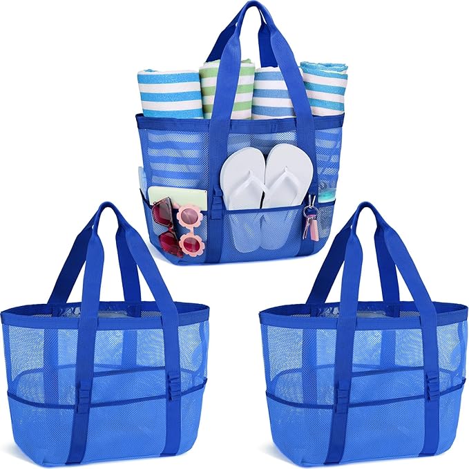 Hillban Large Beach Mesh Bags Bulk for Women Beach Tote Bag with 8 Pocket Zipper Waterproof Sandproof for Pool Cruise Ship by Hillban