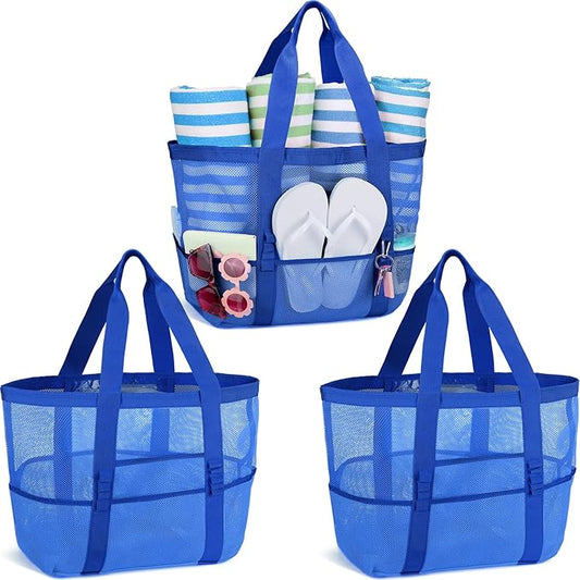 Hillban Large Beach Mesh Bags Bulk for Women Beach Tote Bag with 8 Pocket Zipper Waterproof Sandproof for Pool Cruise Ship by Hillban