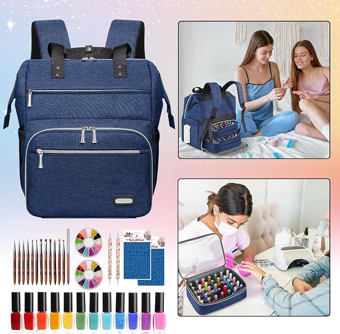 LTINVECK Nail Polish Organizer Case Backpack Holds 70 Bottles (15ml/0.5fl.oz)& Nail Lamp, 2 Layers Detachable Nail Kit Storage Case, Large Travel Nail Supplies Shoulder Bag for Manicure Tools (Blue) - Image 7