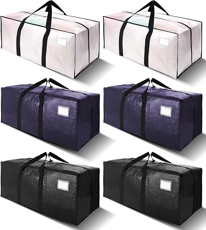 6 Pack Heavy Duty Extra Large Moving Bags W/Backpack Straps - Strong Handles & Zippers, Storage Totes For Space Saving, Fold Flat, Alternative to Box and Bin (40 gal, Semi-Transparent+Blue+Black) by VELVETSURE
