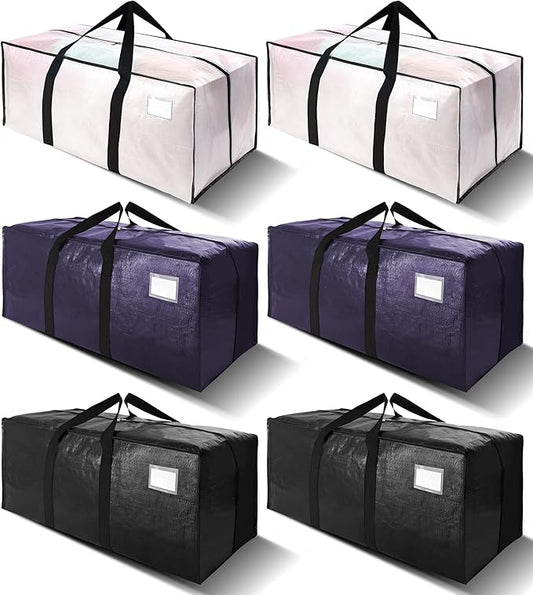 6 Pack Heavy Duty Extra Large Moving Bags W/Backpack Straps - Strong Handles & Zippers, Storage Totes For Space Saving, Fold Flat, Alternative to Box and Bin (40 gal, Semi-Transparent+Blue+Black) by VELVETSURE
