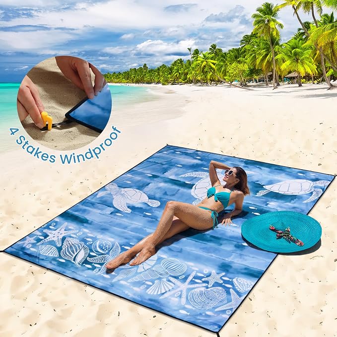 HIHOHO Beach Blanket Waterproof Sandproof Mat, Ink Turtle-BL, 79"×83" | Quick Drying, Durable, For 1-8 Adults, Outdoor Picnic Beach Festival Travel Camping Hiking - Image 5