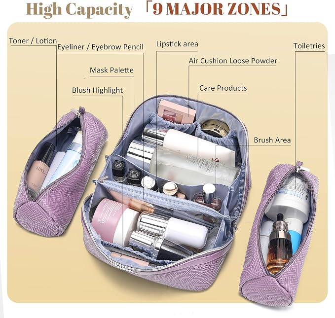 BOYATU Travel Makeup Bags for Women: Vintage Roman Column Texture | Each Journey, Quiet Luxury Serenity - 3 Pcs Set Large Capacity Cosmetic Bag Organizer Toiletry Purse(Purple) - Image 5