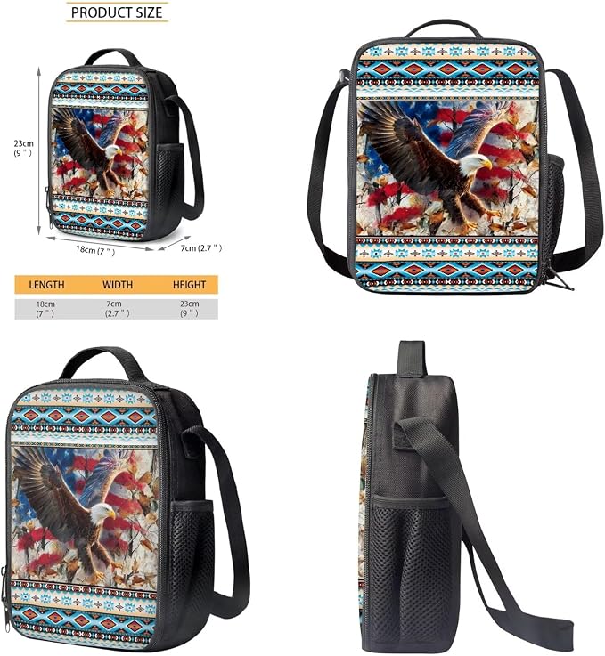 Aztec Eagle American Flag Print 3 In 1 Schoolbag Set for School or Travel with Lunch Bag and Pencil Case, Large Lightweight Independence Day Backpack Set, Durable School Bookbag Set - Image 6