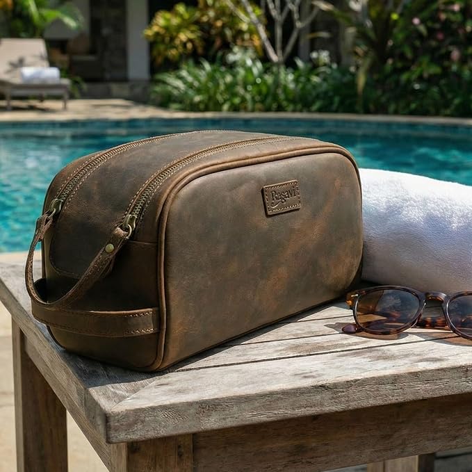 Rasavi Genuine Leather Travel Toiletry Bag, Handcrafted Vintage Water-Resistance Dopp Kit, Large Shaving & Bathroom Organizer - Gift for Men & Women - Rustic Town - Image 8