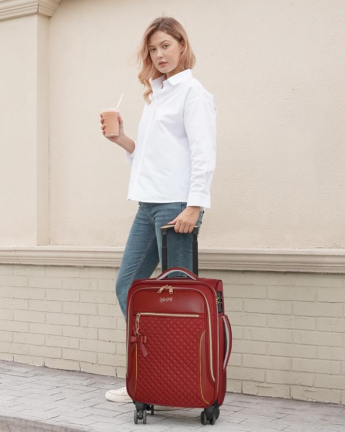 Carry On Luggage 22x14x9 Airline Approved, 20 Inch Softside Suitcase with 4 Pcs, Lightweight Luggage for Women with TSA Lock and 4 Spinner Wheels, Soft Side Carry-on Suitcases for Travel, Red - Image 2