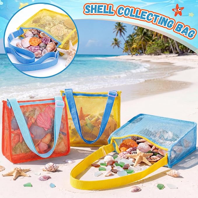 Frienda 3 Pcs Mesh Beach Bag Beach Seashell Bag Shell Collecting Sand Toy Totes Colorful Swimming Accessories Storage Pouch with Adjustable Carrying Straps for Men and Women (Colors G) - Image 3