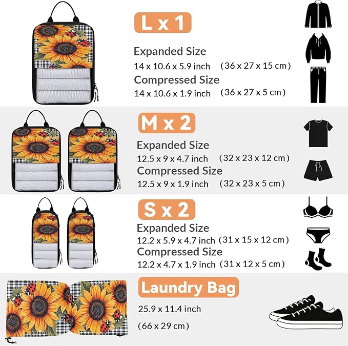 Ladybugs Sunflower Compressible Packing Cubes for Suitcase 6 Set Lightweight Expandable Compression Packing Travel Luggage Organizer - Image 2