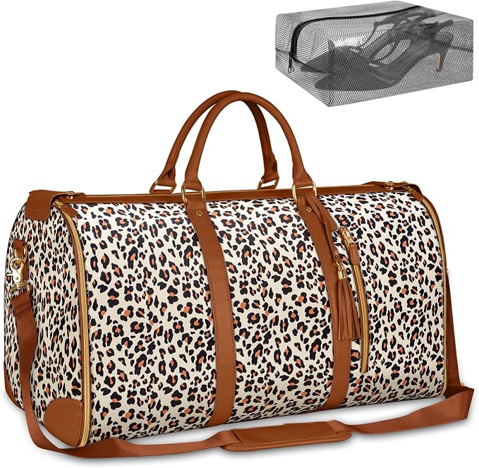 Ytonet Convertible Garment Bags for Travel, Large Carry on Garment Weekender Bag, Water Resistant Travel Duffel Bags with Shoe Pouch, 2 in 1 Hanging Suitcase Suit Foldable Travel Bags, Leopard by YTONET