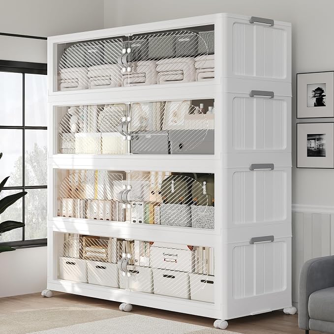 320Gal/1280QT 4-Tiers Extra Large Stackable Storage Bins with Lid, Collapsible Cabinet Closet Organizer Plastic Container Box with Wheels Doors Drawers for Office Dorm Kitchen, White by Unknown