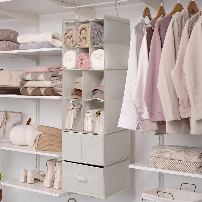 GRANNY SAYS Hanging Closet Organizer with Drawers, 6 Shelf Dividers Closet Hanging Organizer, Portable Foldable Hanging Shelves for Closet, Dorm Room, Bedroom, Kids Room, Beige - Image 4