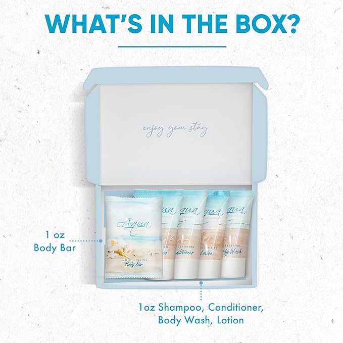 1-Shoppe Aqua Organics Amenity Kit | Boxed Hotel Toiletries Bulk Set | 1 oz Shampoo, Conditioner, Lotion, Body Wash & Bar Soap | 5 piece set