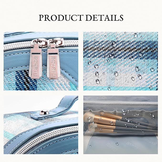 BOYATU Travel Makeup Bag for Women: Scottish Plaid 3 Pcs Set Cosmetic Organizer Bag - 180° Open Large Spacious Holds 50% More Cosmetics - Waterproof Leather Checkered Toiletry Bag (05-Blue) - Image 5