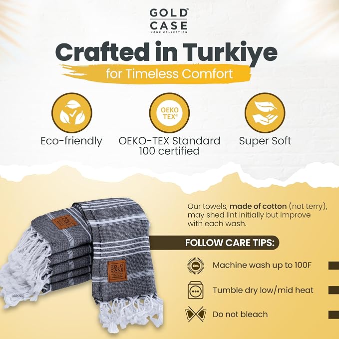 Gold CASE Turkish Hand Towels for Bathroom Set of 6 – 20 x 40'' – 100% Cotton Bathroom Hand Towels – LYCIA Towel for Spa, Face, Tea & Dishcloth – Decorative Cloth – Black - Image 6