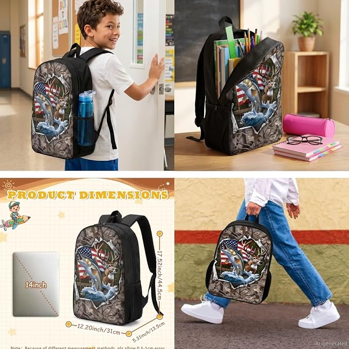 GIFTPUZZ 4-in-1 Camouflage Deer Fish American Flag Kids Backpack Set | Patriotic School Bookbag with Lunch Box for Elementary Boys, Zippered Pencil Case Pouch, Water Bottle Holder, Ages 6-8 - Image 2