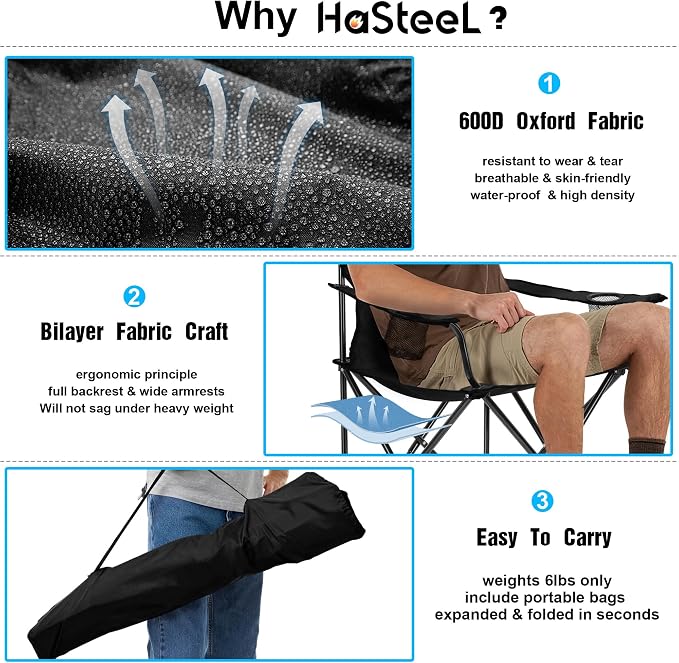 HaSteeL Large Camping Chairs, 2-Pack Portable Beach Chair for Adults, Black Folding Chair for Lawn Backyard Outdoor Fishing Hiking Travel Picnic Tailgating Sport, Carrying Bag & Cup Holder - Image 5