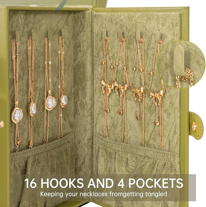 AKOZLIN 6-Tier Jewelry Box Organizer Functional 5 Drawers Leather Jewelry Storage Case for Women Girls Ring Necklace Earring Bracelet Holder Organizer with Mirror Medium Green - Image 4