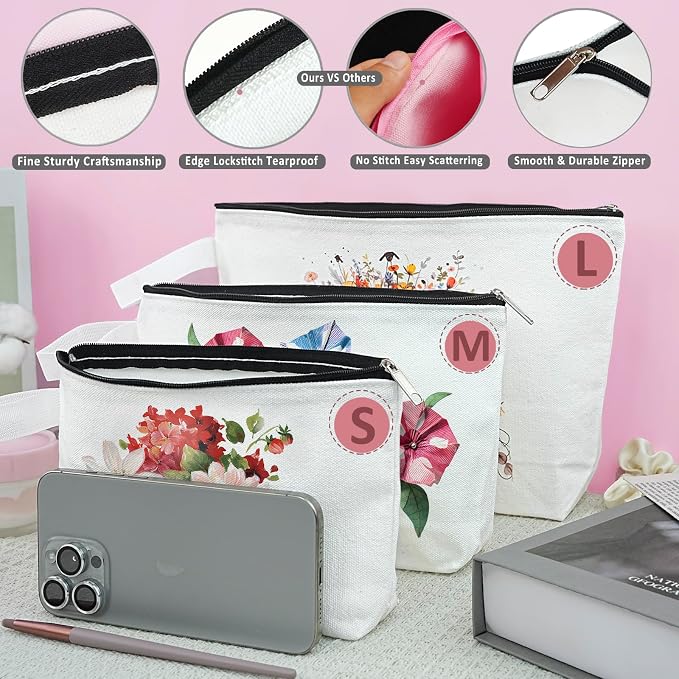 Koolmox 20 Pack 12Oz Blank Makeup Bags with Bottom and Strap, Multi-purpose Large Canvas Zipper Toiletry Organization Pouch Blank Bag for HTV Crafts (White Bag w/Black Zipper, L, 12.2x7.4x 2.7'') - Image 2