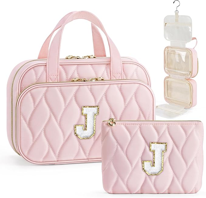 YOOLIFE Travel Toiletry Bag Makeup Bag - Hanging Toiletry Bag for Women, Portable Toiletries Travel Bag and Cosmetic Bag, Airplane Travel Essentials Travel Toiletry Bag - Letter J, Pink