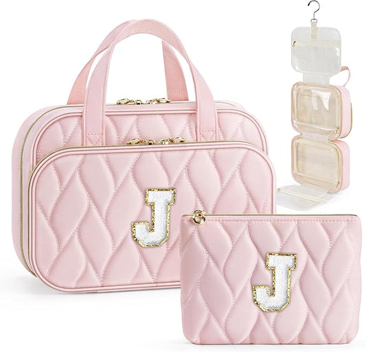 YOOLIFE Travel Toiletry Bag Makeup Bag - Hanging Toiletry Bag for Women, Portable Toiletries Travel Bag and Cosmetic Bag, Airplane Travel Essentials Travel Toiletry Bag - Letter J, Pink