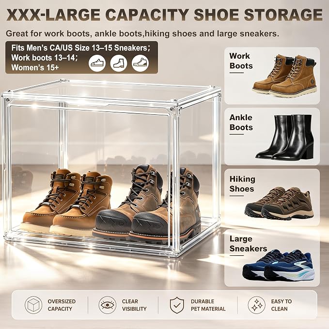 1 Pack Oversized Acrylic Boot Display, Clear Display Box for Boots&Handbags | 17.7 x 13 x 13 in XXX-Large PET box for boots, bulky sneakers, handbags and larger closet items,display closet organization - Image 3