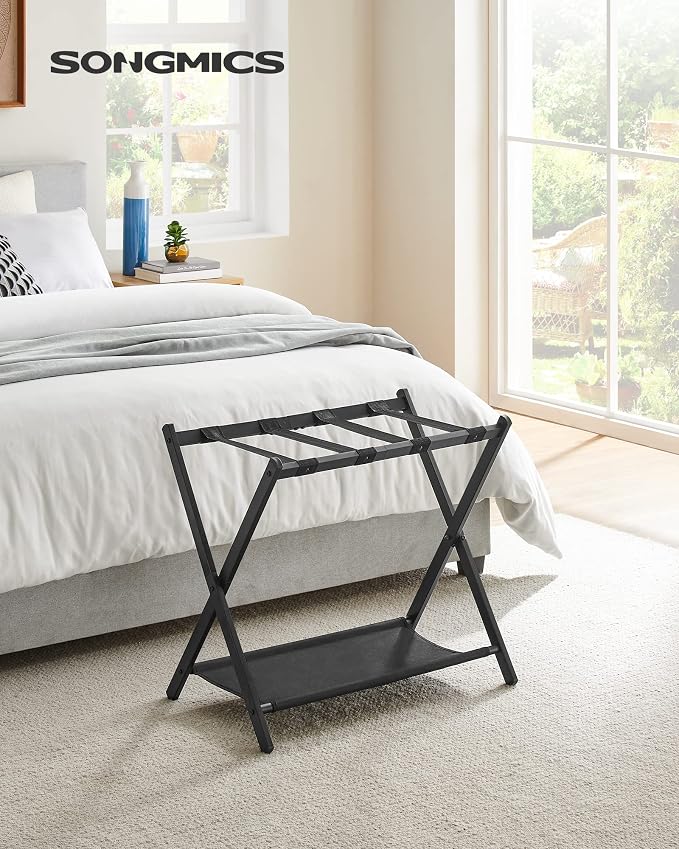 SONGMICS Luggage Rack, Foldable Suitcase Stand with Storage Shelf | Steel Frame, for Guest Room, Hotel, Bedroom, Black, URLR003B01 - Image 2