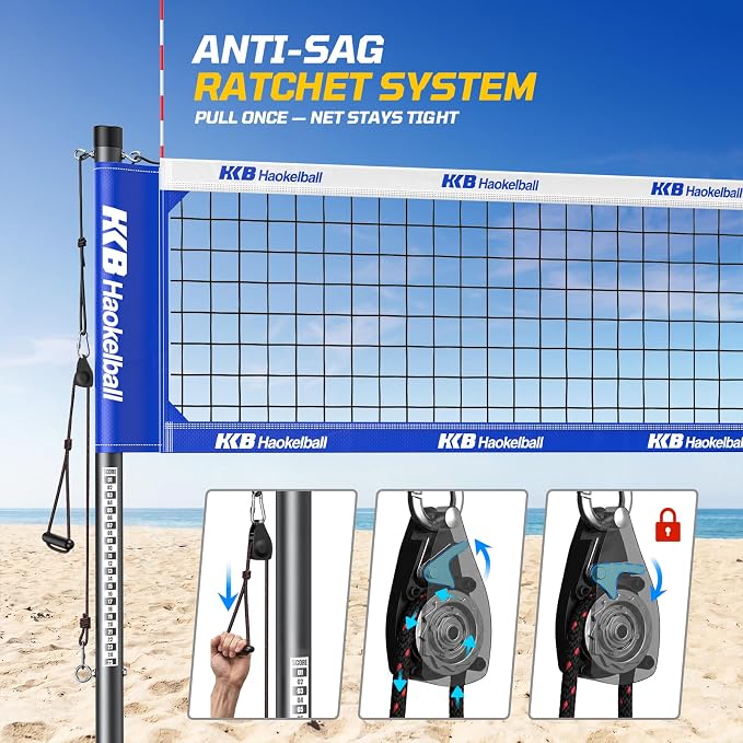 Haokelball Outdoor Volleyball Net Set for Backyard, 32FT Regulation, 3-Level Adjustable Height & Anti-Sag Tension System, Heavy Duty Thick Poles, Includes Volleyball, Pump, Boundary Line and Carry Bag - Image 4