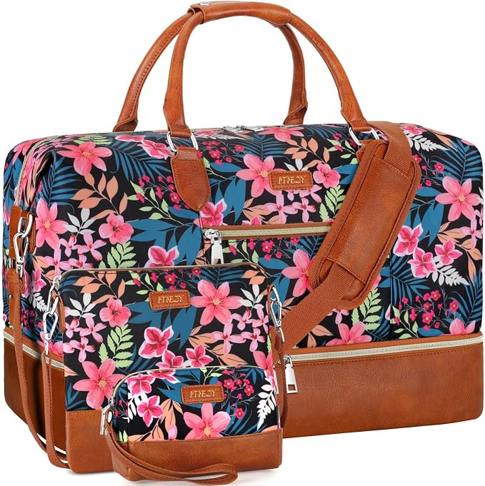 ITIEZY Weekender Overnight Bag for Women - Large Travel Duffel Bag with Shoe Compartment, Gym Duffel Bag Hospital Bag Carry On Tote Bags for Airplanes with Crossbody Bag Toiletry Bag 3Pcs Set by ITIEZY