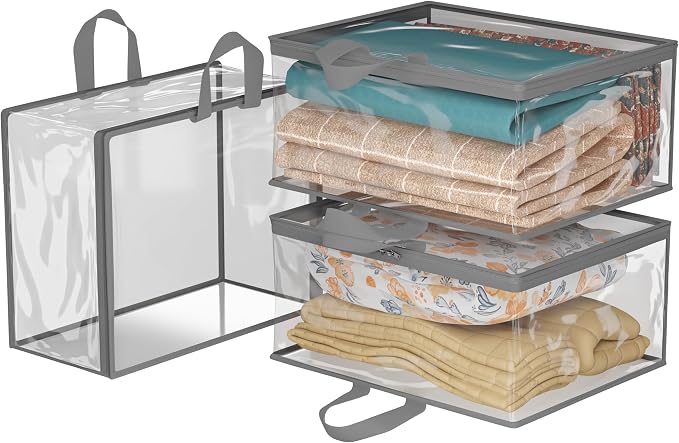 Kuber Industries (Pack of 3) Waterproof Storage Bag | Zipper & Handle | Transparent Wardrobe Organizer | Multipurpose Bag for Toys, Clothes, Blankets, Bedsheets | Grey by Kuber+Industries