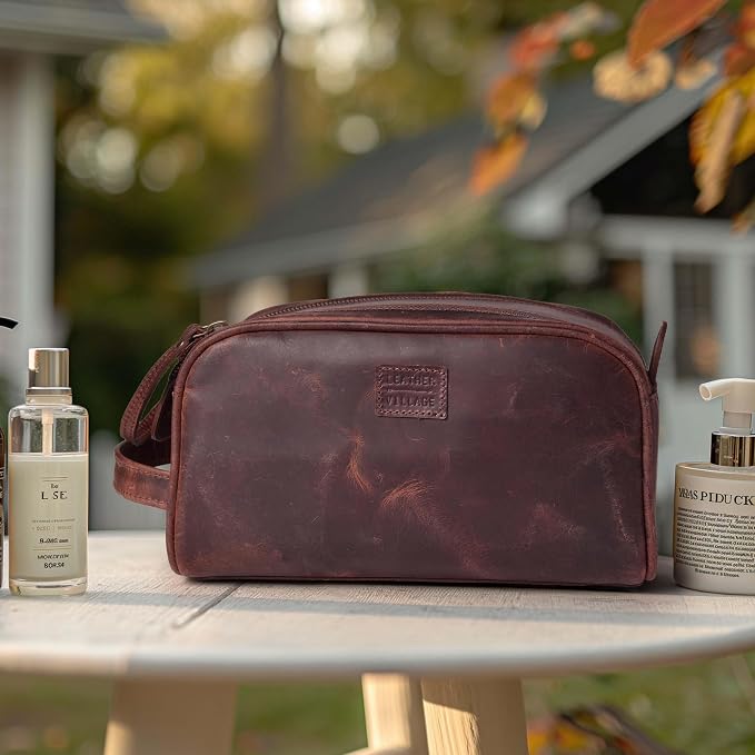 LEATHER VILLAGE Genuine Leather Toiletry Travel Bag With Waterproof Lining - Mulberry Brown | King-Size Handcrafted Vintage Dopp Kit Bag, Shaving & Bathroom Organizer, Gift for Men & Women - Image 8