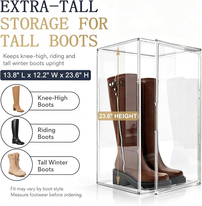 23.6'' Tall Boot & Shoe Boxes, Clear Dustproof Acrylic Display Case | 13.8'' x 12.2'' x 23.6'' tall display case for boots, upright handbags, dolls, figures and display storage,1 Pack - Image 2