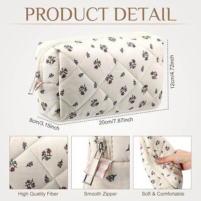 Paterr 10 Pcs Quilted Makeup Bag Bulk Cotton Floral Cosmetic Bag Women Girls Bridesmaid Gifts Cute Makeup Pouch Coquette Aesthetic Travel Toiletry Organizer(Plaid Floral,7.87 x 4.72 x 3.15 Inches) - Image 2