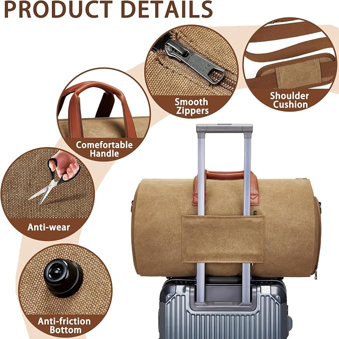 Convertible Garment Duffel Bag, Carry on Garment Bag for Travel Canvas Mens Suit Bag 2 in 1 Foldable Garment Bag with Shoulder Strap Weekender Bag with Shoe Pouch - Image 5