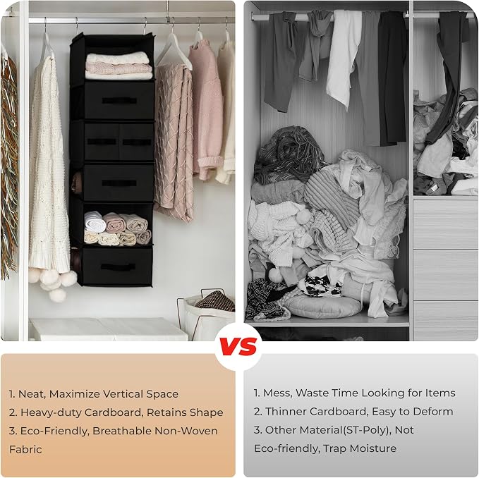 GRANNY SAYS Hanging Closet Organizer 6 Shelves, Closet Organization and Storage with 5 Different Drawers, 6 Side Pockets Wardrobe Clothes Organizer for Closet, Black, 1-Pack - Image 7