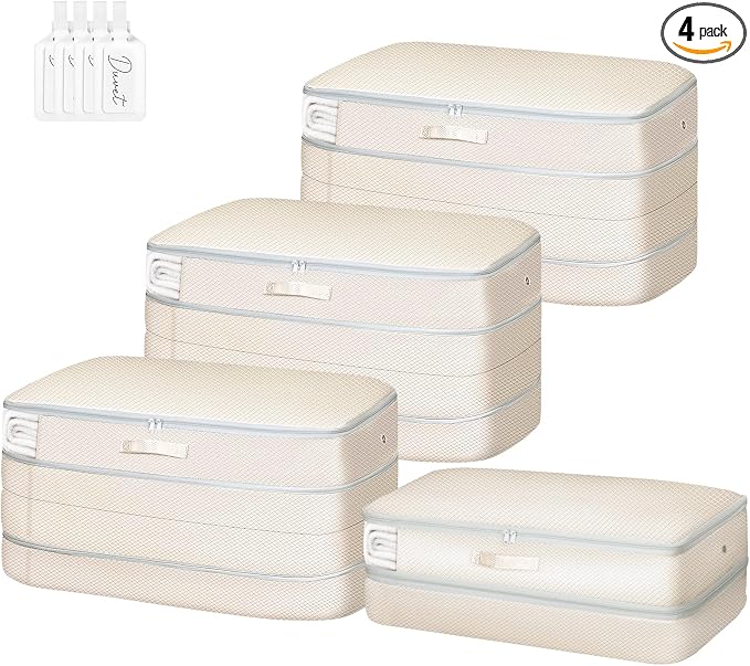 Comforter Storage Bag - Large Capacity Bedding Storage Bags Ultra Space Saving Self Compression Organizer, Washable Compression Bags for Storage Comforter Blanket Duvet Pillow, 4-Pack, Beige by EasortmPackingCubes
