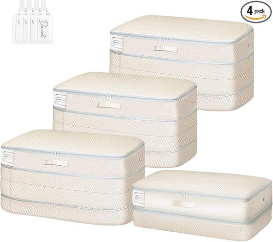 Comforter Storage Bag - Large Capacity Bedding Storage Bags Ultra Space Saving Self Compression Organizer, Washable Compression Bags for Storage Comforter Blanket Duvet Pillow, 4-Pack, Beige by EasortmPackingCubes