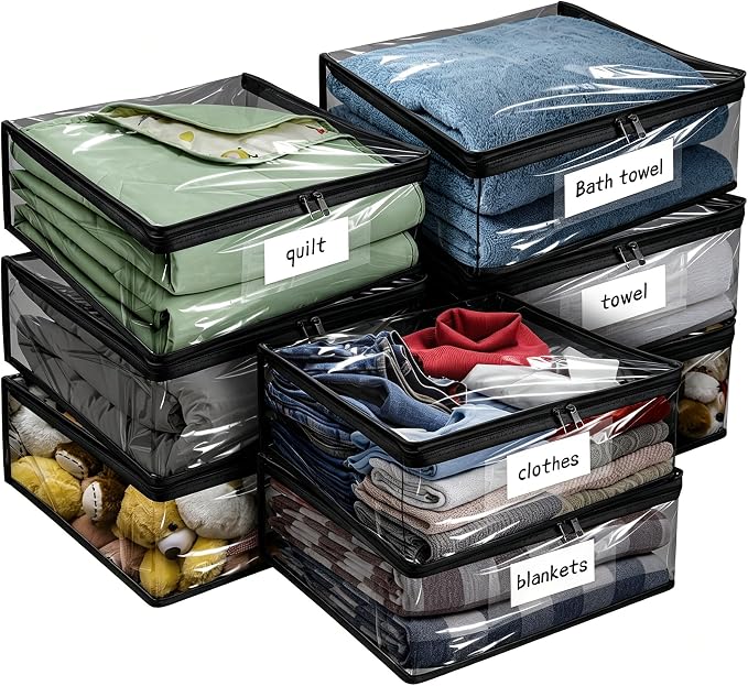Plastic Storage Bags with Easy-Glide Zipper, Pack of 8, Durable Clear Vinyl Zippered Storage Bags for Clothes Sweaters Comforters Blankets Sheets Bedding (15.7 x 13.8 x 3.9 Inch, Black) by Kikerike