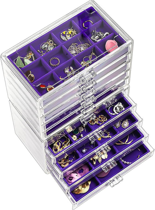 ProCase Earring Holder Organizer Jewelry Box with 10 Drawers, Acrylic Clear Earring Case with Adjustable Velvet Trays for Women - Purple,10 Layers by ProCase