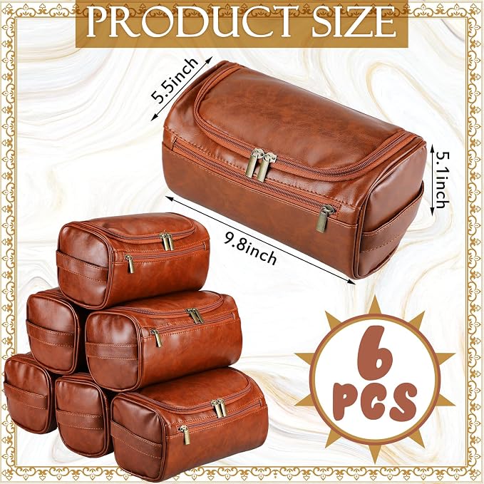 Aliceset 6 Pcs Groomsmen Gift Groomsmen Toiletry Bags Set of 6 Leather Toiletry Bag for Men with Hook Leather Wedding Proposal Bag with Side Handle Father Gift(Brown) - Image 2