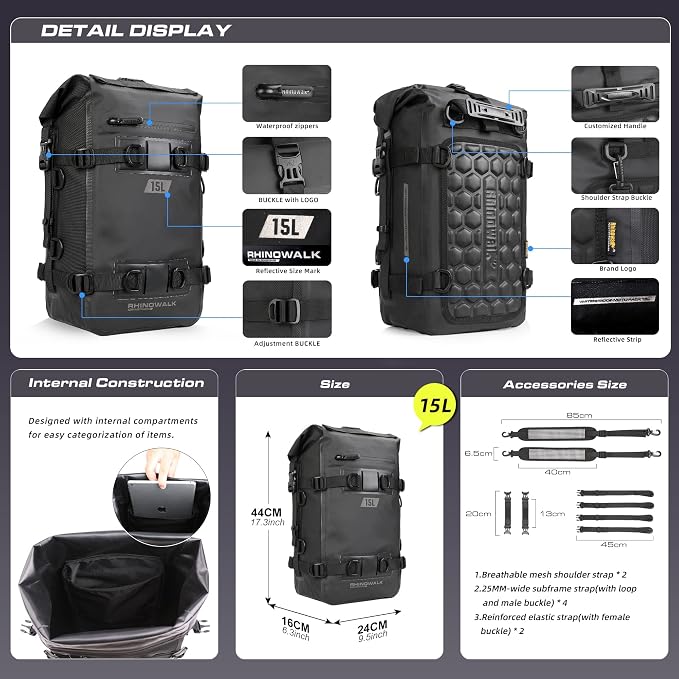Rhinowalk Motorcycle Tail Bag, Travel Luggage Bags, Waterproof Rear Carrier, Motorcycle Rear Seat Bag Backpack, Rear Rack Trunk - Black 15L - Image 3