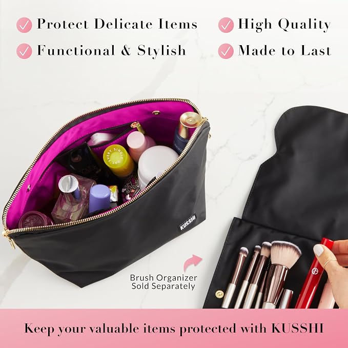 KUSSHI Washable Travel Makeup & Cosmetic Bag - Brush Organizer Sold Separately (Signature, Satin Black/Pink) - Image 4