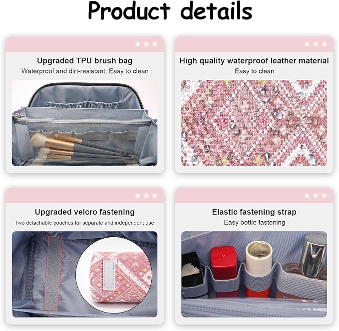 BOYATU Travel Makeup Bag Organizer: Boho Large Capacity Cosmetic Bag Sets | 3Pcs Waterproof Leather Toiletry Bags | 180°Open Flat Make up Case with Compartments | Western Travel Essentials for Women - Image 8