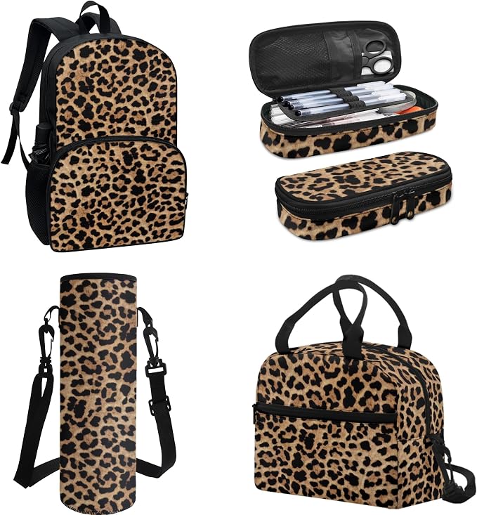 Leopard Spots Girls Boys Lightweight Backpack with Lunch Box, Cheetah Skin Kids BookBag 4 Set Rucksack, Brown Black Water Bottle Holder Pencil Bag for Teens - Image 3