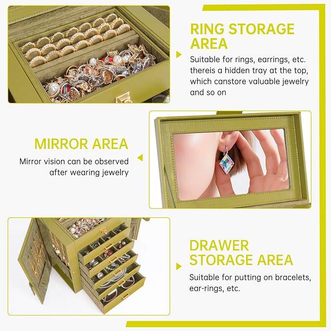 AKOZLIN 6-Tier Jewelry Box Organizer Functional 5 Drawers Leather Jewelry Storage Case for Women Girls Ring Necklace Earring Bracelet Holder Organizer with Mirror Medium Green - Image 5