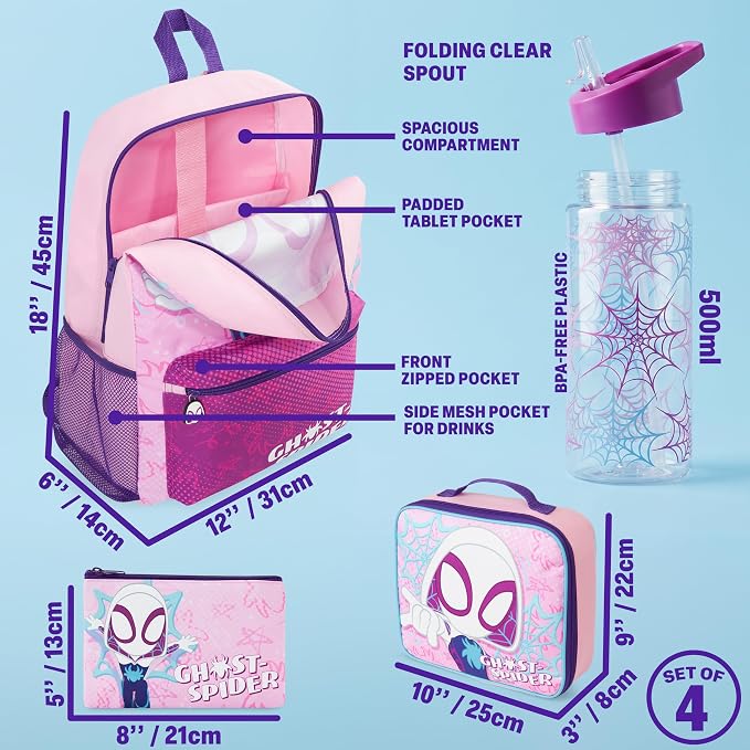 Get Trend Marvel Ghost Spider Kids Backpack 4 Piece Set | 18 inch Bookbag, Insulated Lunch Bag, Zipped Pencil Case & BPA-Free Water Bottle for School & Travel, Gifts for Girls - Image 3