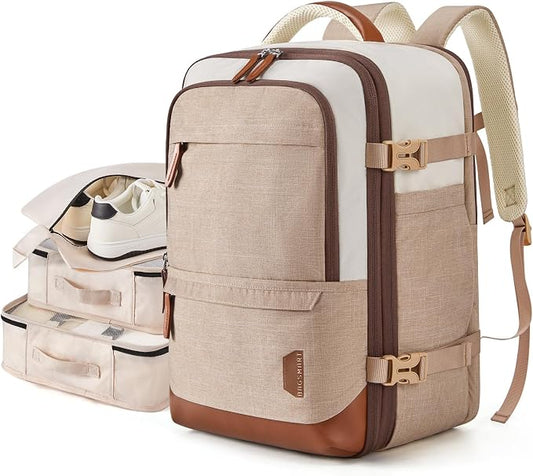 BAGSMART 37L Expandable Travel Backpack Compression Carry On Daypack | Khaki and White weekender bag fits 17" laptop. Water resistant luggage with packing cubes and shoe pouch. by BAGSMART