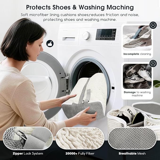 Shoe Washing Machine Bag, Dual Compartment Full Protection Laundry Shoe Bags for Washer with Clasp-Lock Zipper, Sneaker Cleaner Wash Bag for Tennis Shoes, Beige/Gray, 2-Pack - Image 5