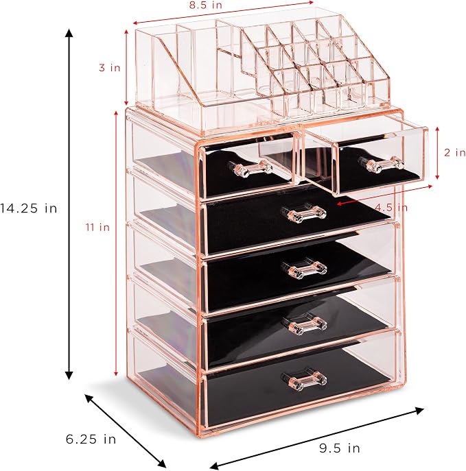 Sorbus Acrylic Makeup Organizer Set, 6-Drawer Vanity & Countertop Cosmetic Storage with Small & Wide Compartments, Pink Makeup Storage for Brushes, Jewelry – Holiday Gift for Women & Teens - Image 3