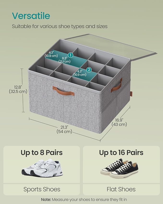 SONGMICS Shoe Organizers for Closet, Pack 2 Shoe Storage Bins, Fits 32 Pairs, Fabric Containers with Handles and Clear Cover, Adjustable Dividers, Customizable, Dove Gray ULSP556G01 - Image 6